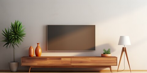 Television put on tv stand wood table, in minimal empty space luxury room background