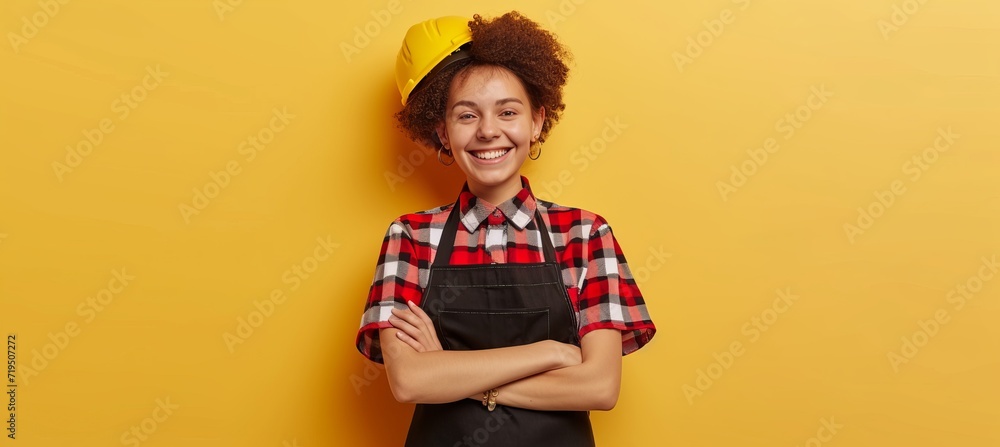 Poster smiling female builder in uniform and safety helmet with copy space for labour day text placement