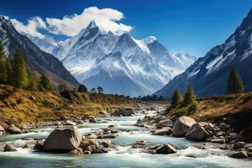 Peel and stick wall murals Himalayas Mountain river in the Himalayas, Mountain landscape with river and blue sky in Himalayas ,Baishui River. Ai generated