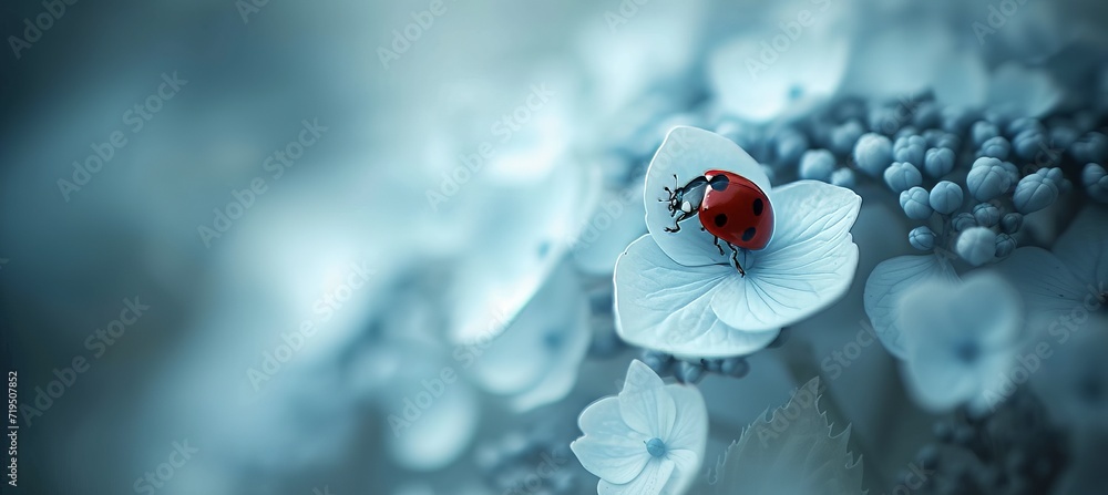 Aufkleber bright minimalistic spring background with ladybug on white flower and copy space for text placement