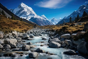 Mountain river in the Himalayas, Mountain landscape with river and blue sky in Himalayas ,Baishui River. Ai generated
