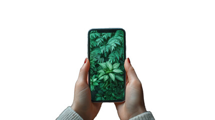 Over the Shoulder Shot of a Person Holding an Mobile With a Completely Green Screen. Isolated on a Transparent Background. Cutout PNG.