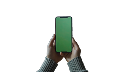 Over the Shoulder Shot of a Person Holding an Mobile With a Completely Green Screen. Isolated on a Transparent Background. Cutout PNG.