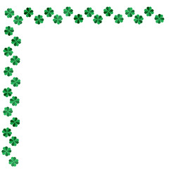 Foil shamrock edge, transparent page decoration of metallic four leaf clover for St Patrick's Day