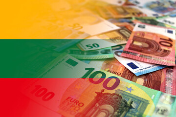 Euro banknotes colored in the colors of the flag of Lithuania. Gradient overlay of the Lithuanian flag on the euro notes. - obrazy, fototapety, plakaty
