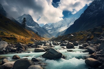 Mountain river in the Himalayas, Mountain landscape with river and blue sky in Himalayas ,Baishui River. Ai generated