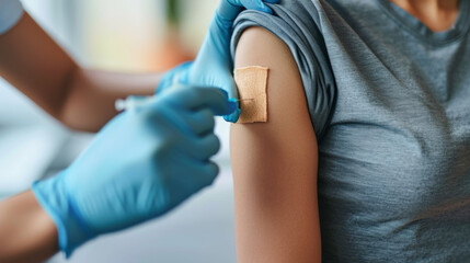 healthcare professional in blue gloves applying an adhesive bandage to someone's upper arm