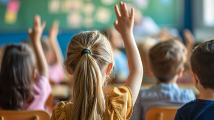 Fototapeta premium classroom scene with students raising their hands to answer a question or participate in the lesson