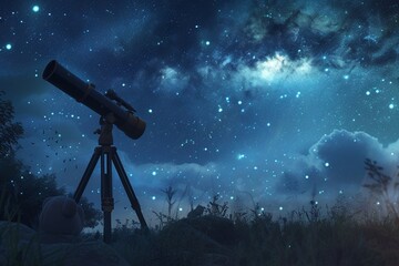 Teddy bear astronomer gazing through a telescope in a tranquil nighttime setting with constellations and celestial wonders overhead - obrazy, fototapety, plakaty