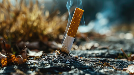 Cigarette sticking out of ground with smoke coming out of it. Can be used to depict smoking addiction or environmental pollution caused by cigarette waste