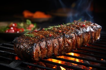 Grilled loin steak on bright coal grill generated by, generative IA