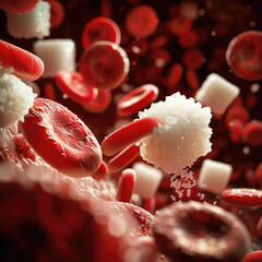 Sugar in the blood. blood cell with cube of sugar. 