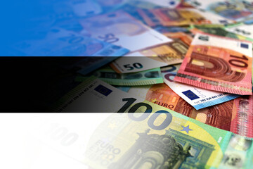 Euro banknotes colored in the colors of the flag of Estonia. Gradient overlay of the Estonian flag on the euro notes.