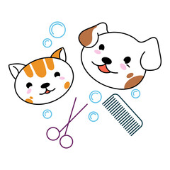 Cute dog and cat face, scissors, comb and soap bubbles. Design for grooming