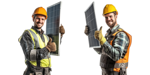 Set of PV installer with solar panels isolated on transparent background.