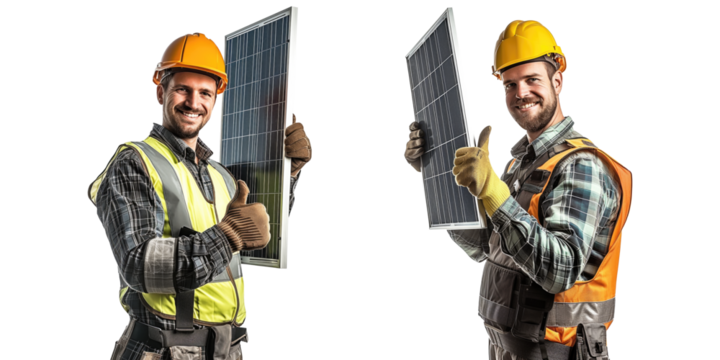 Set of PV installer with solar panels isolated on transparent background.