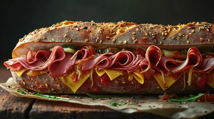 Foto op Plexiglas anti-reflex Delicious sandwich with meat and cheese placed on rustic wooden table. Perfect for food blogs, restaurant menus, or cooking websites © vefimov