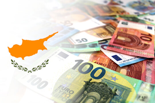 Euro banknotes colored in the colors of the flag of Cyprus. Gradient overlay of the Cyprus flag on the euro notes.