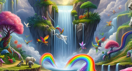 beautiful view water fall and rainbow and animals in the jungle - obrazy, fototapety, plakaty