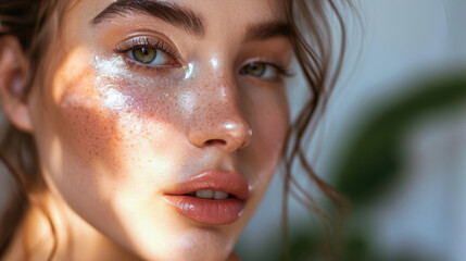 Close up shot of woman's face with beautiful freckles. Perfect for beauty and skincare advertisements