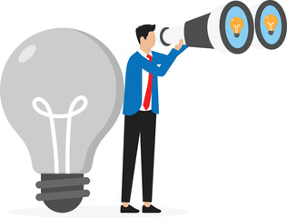 New opportunities and ideas or inspiration. Find new ideas in business and innovation or creativity. Businessman looks through a large pair of binoculars for a light bulb ideas concept, 