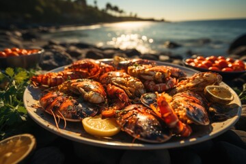Fresh seafood barbecue, ocean breeze and a golden sunset on the beach., generative IA