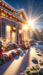 Fototapeta na wymiar Winter Welcome: Cozy Christmas Greetings at a Snowy Doorstep