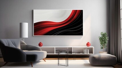 Modern interior living room with abstract dynamic white red and black colors energy flow wave curve lines background painting