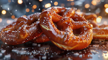 Pile of pretzels sitting on top of table. Perfect for food-related projects or as background image for restaurant menu