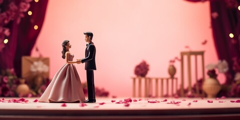 Miniature people : Bride and groom couple standing on The stage , Happy valentine's day concept
