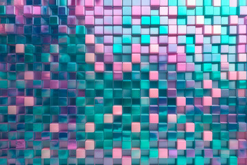 Mosaic cubic geometrical wall in sweet sherbet, cool pink, pastel purple, pastel turquoise, dark blue-green tones.