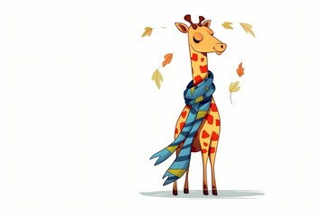 A minimalistic cartoon giraffe with a colorful scarf, stretching its neck to reach a bunch of leaves, isolated on a white solid background