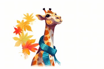 A minimalistic cartoon giraffe with a colorful scarf, stretching its neck to reach a bunch of leaves, isolated on a white solid background