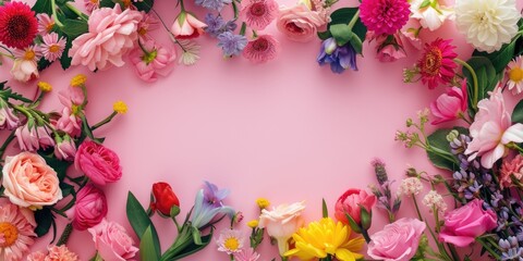 Top down view frame of bright spring flowers