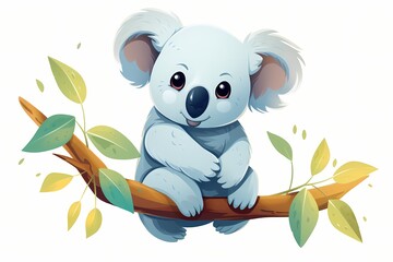 A minimalistic cartoon koala hanging from a eucalyptus tree branch, surrounded by colorful leaves, isolated on a white solid background
