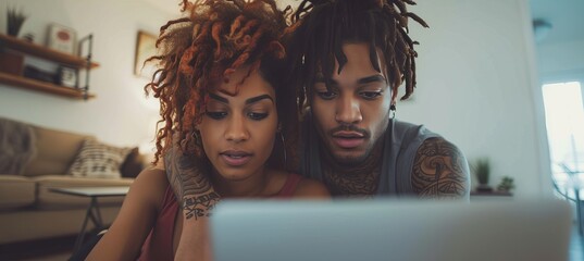 Multiracial young couple enjoying quality time together while watching laptop on sofa at home - Powered by Adobe