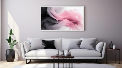 Modern interior living room with abstract dynamic  white pink and black colors energy flow wave curve lines background painting
