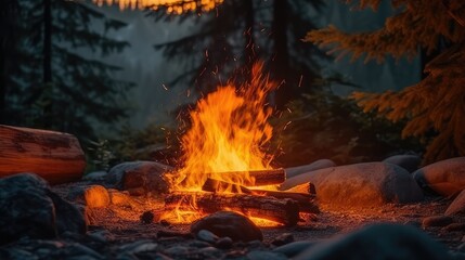 Burning campfire in the forest at night. AI generated.