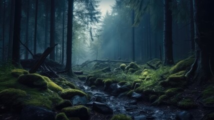 Gloomy forest in the fog. Forest landscape. AI generated.