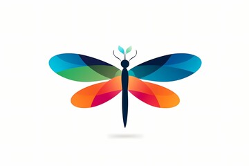 Whimsical dragonfly logo with clean vectors, minimalistic details, vivid colors, captured in HD, isolated on white solid background