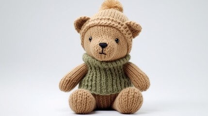 Knitted teddy bear toy on a white background. AI generated.