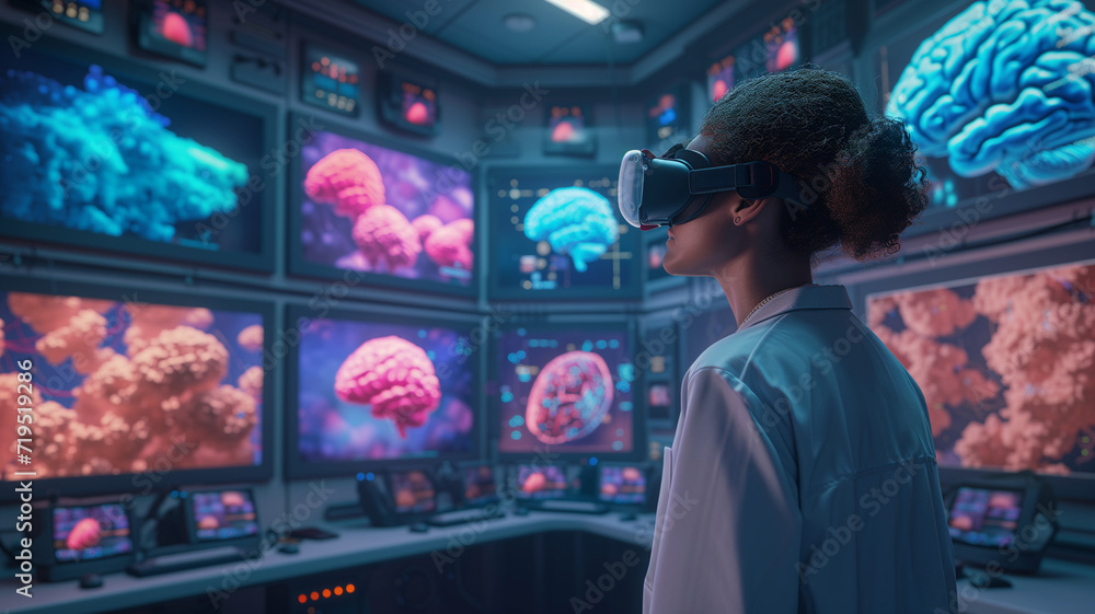 Poster african american scientist using virtual reality headset in laboratory 3d rendering