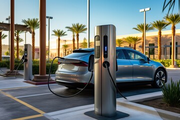 Phoenix, Arizona - November 12 2022: Electrify America offers electric vehicle parking with charging stations for customers at the Arizona Mills Mall - obrazy, fototapety, plakaty