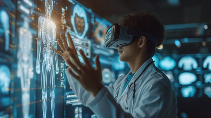 Innovative technologies in science and medicine. Side view of young man in white coat and vr headset working with x-ray images while standing in modern laboratory