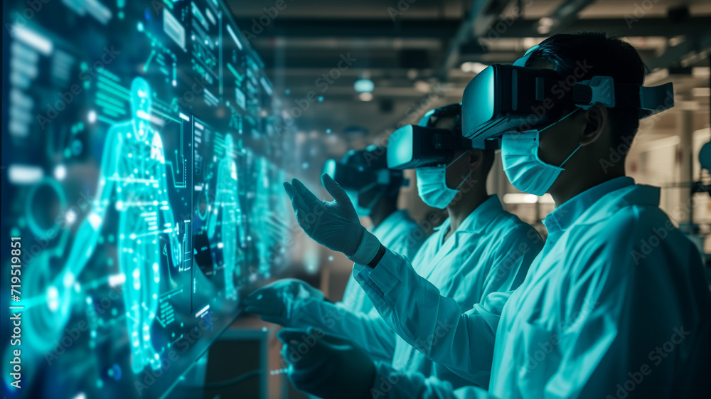 Poster scientist wearing virtual reality goggles working with futuristic holographic display in laboratory