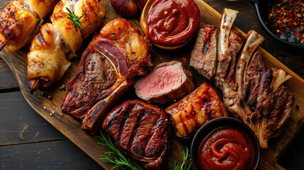 Picture of wooden cutting board with delicious assortment of meat and potatoes. Perfect for food blogs, restaurant menus, and cooking websites