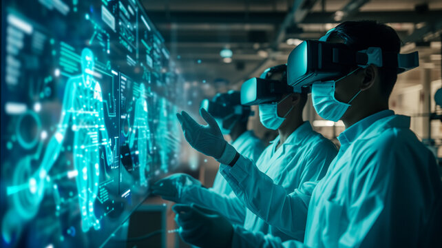 scientist wearing virtual reality goggles working with futuristic holographic display in laboratory