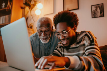 Happy smiling grandfather and grandson communication. Young and elderly senior men laughing using a laptop computer - obrazy, fototapety, plakaty