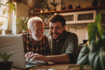 Happy smiling father and son communication. Young and elderly senior men laughing using a laptop computer
