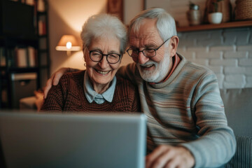 Happy family at the laptop computer. Smiling elderly senior man and woman, husband and wife - obrazy, fototapety, plakaty